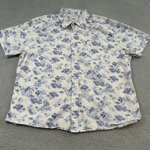Haggar Shirt Mens XL Blue White Palm Floral Button Up Short Sleeve Summer Top